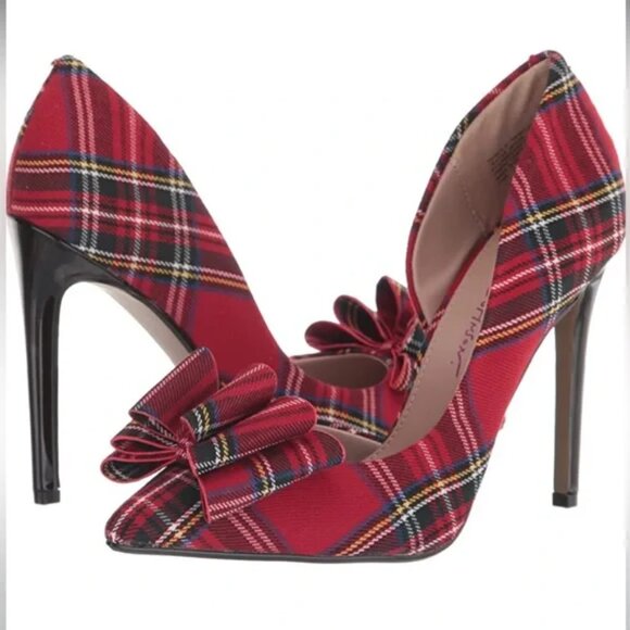 Betsey Johnson Prince Red Multi Tartan Plaid Heels, Size 11 - Picture 1 of 10